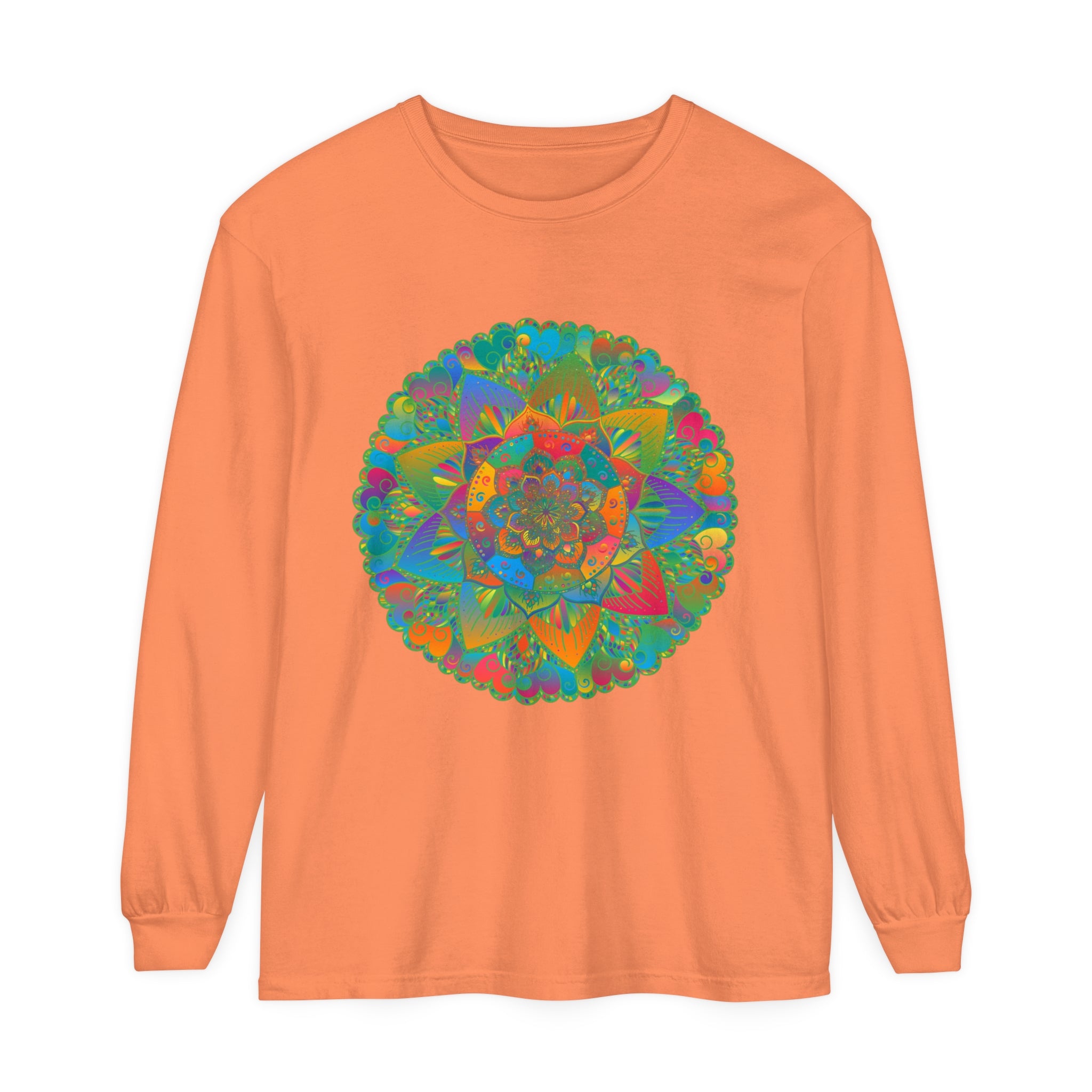 A vibrant and intricate mandala design adorns this unisex long sleeve t-shirt, perfect for adding a pop of color to any outfit