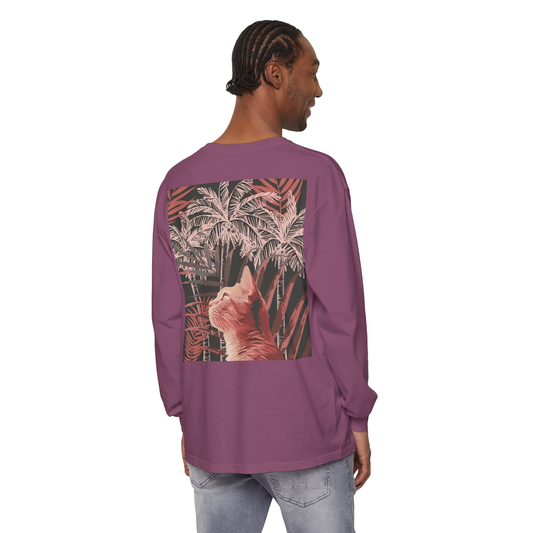 Soft cotton t-shirt featuring a cute ginger cat and palm tree design