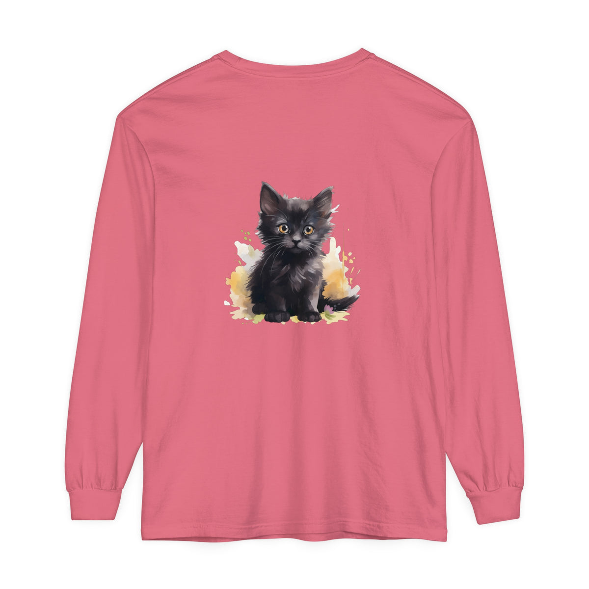 Black Kitten Watercolor Splash T-Shirt with adorable cat design and vibrant colors