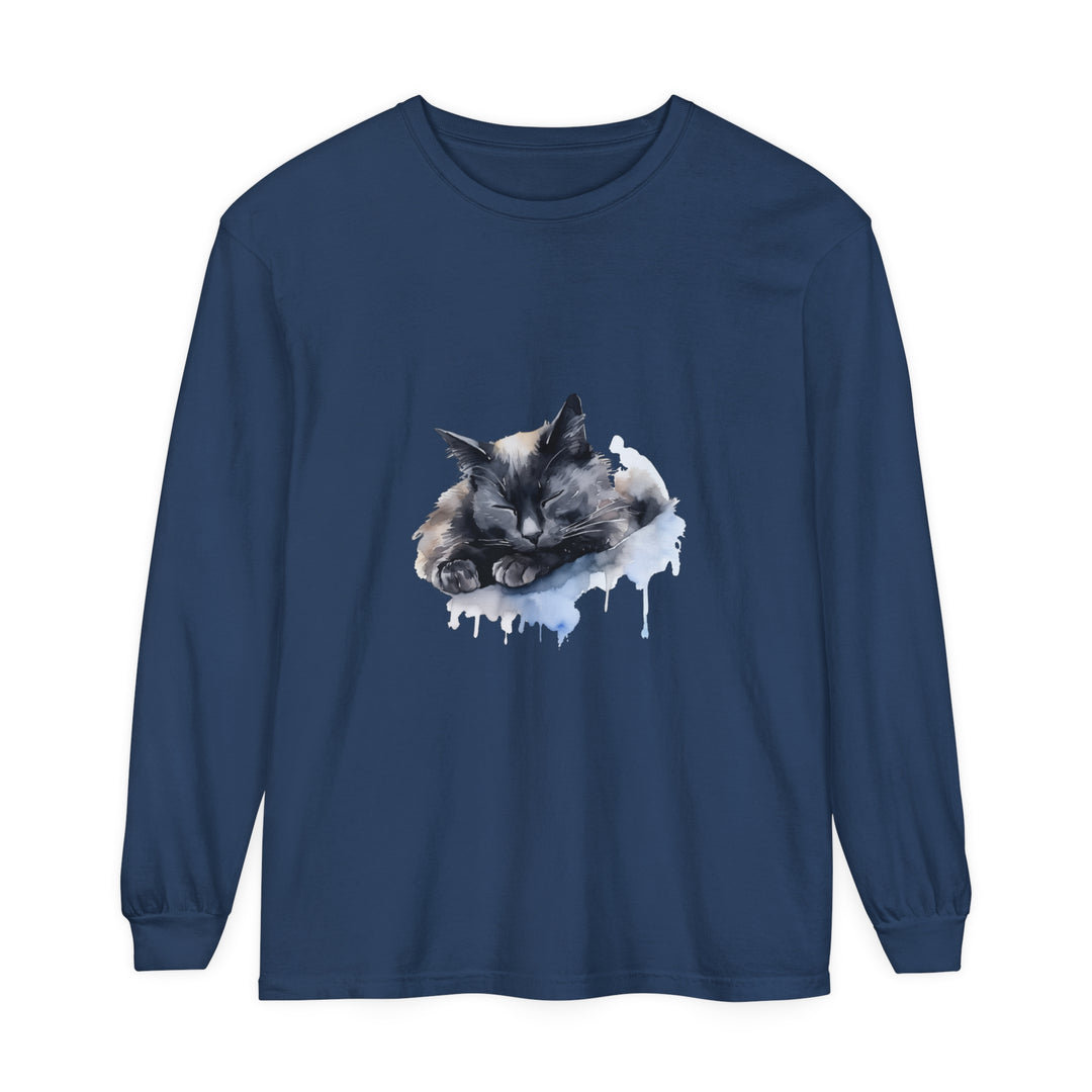 A watercolor illustration of a peaceful tabby cat sleeping on a t-shirt