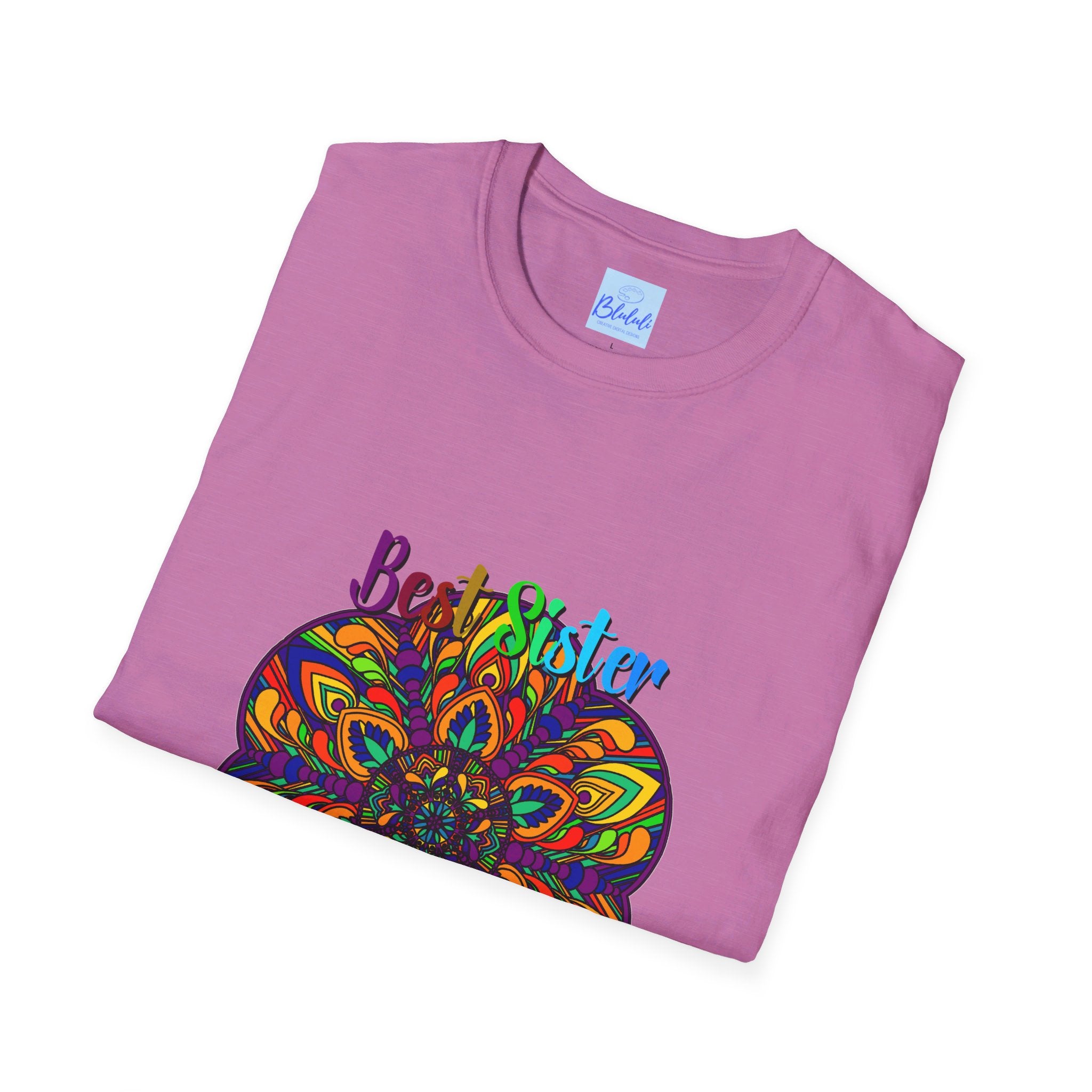 Beautiful unisex softstyle t-shirt featuring a hand-drawn mandala art design, perfect as a thoughtful gift for your sister