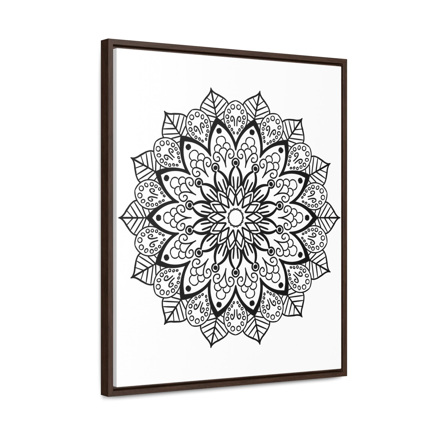 Handmade black and white mandala wall art on gallery canvas wraps in vertical frame