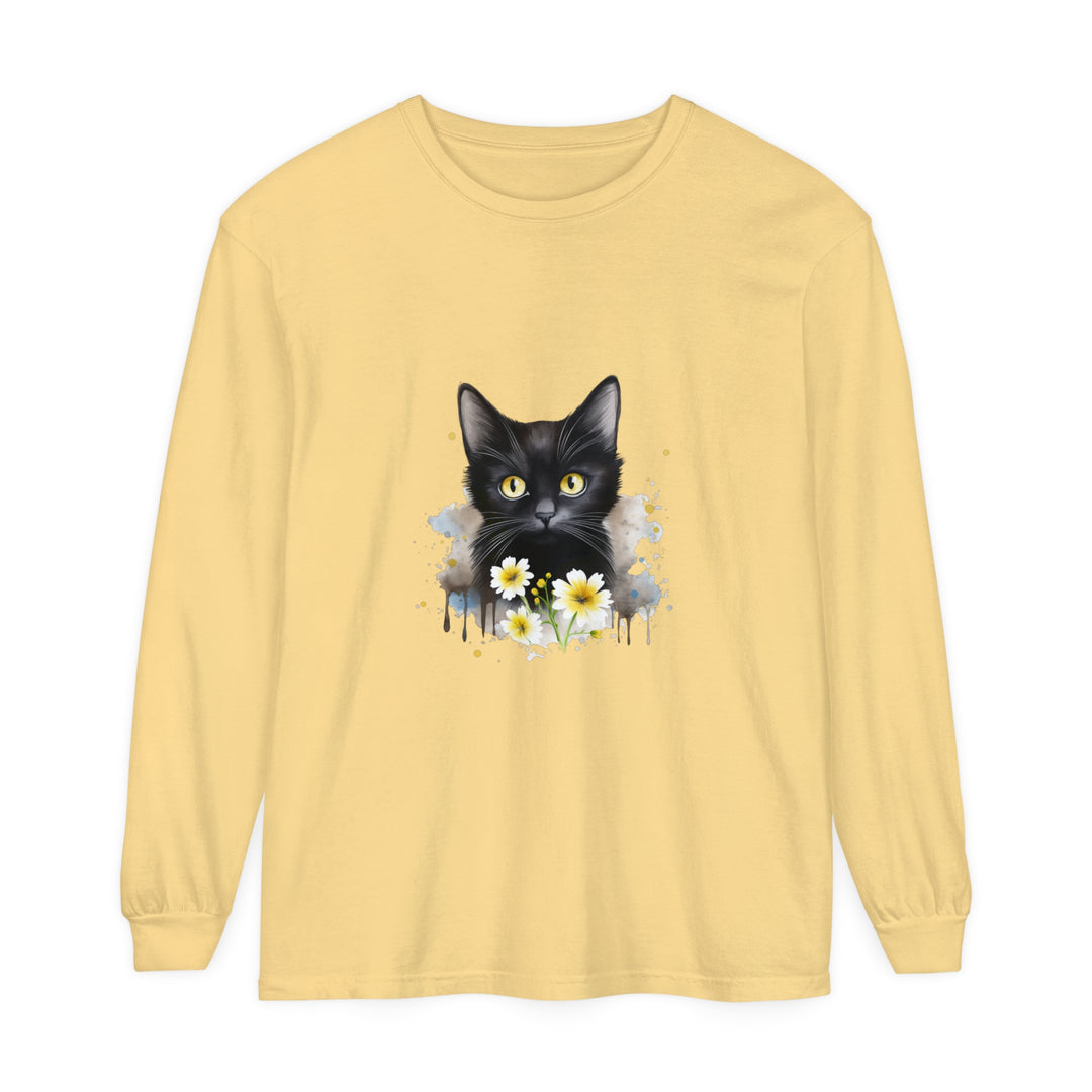 Black Cat Watercolor Floral Unisex T-Shirt with vibrant floral design