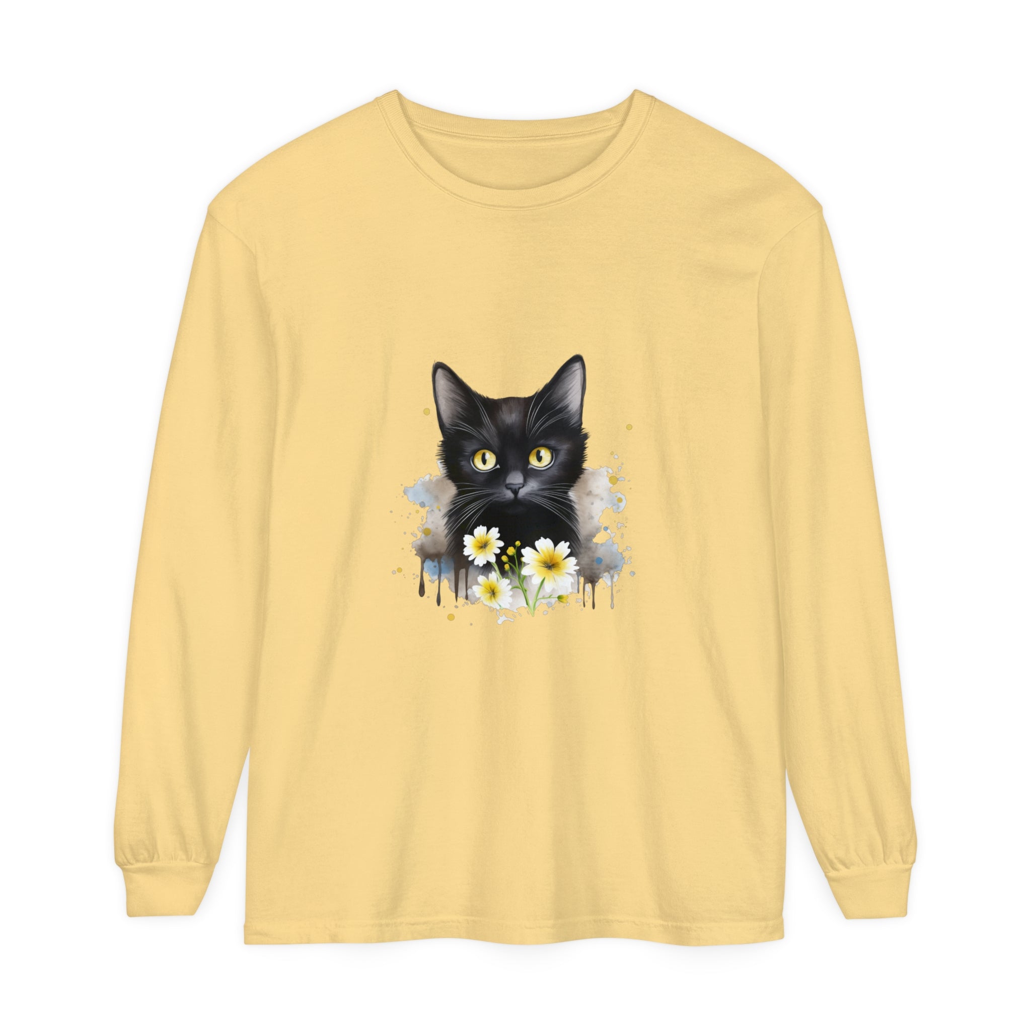 Black Cat Watercolor Floral Unisex T-Shirt with vibrant floral design