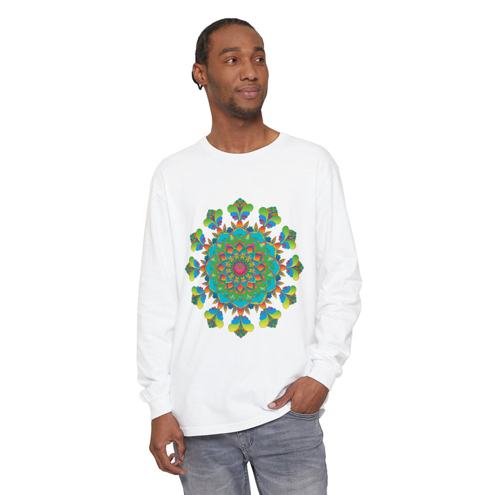 Colorful psychedelic mandala tie dye long sleeve t-shirt on white background