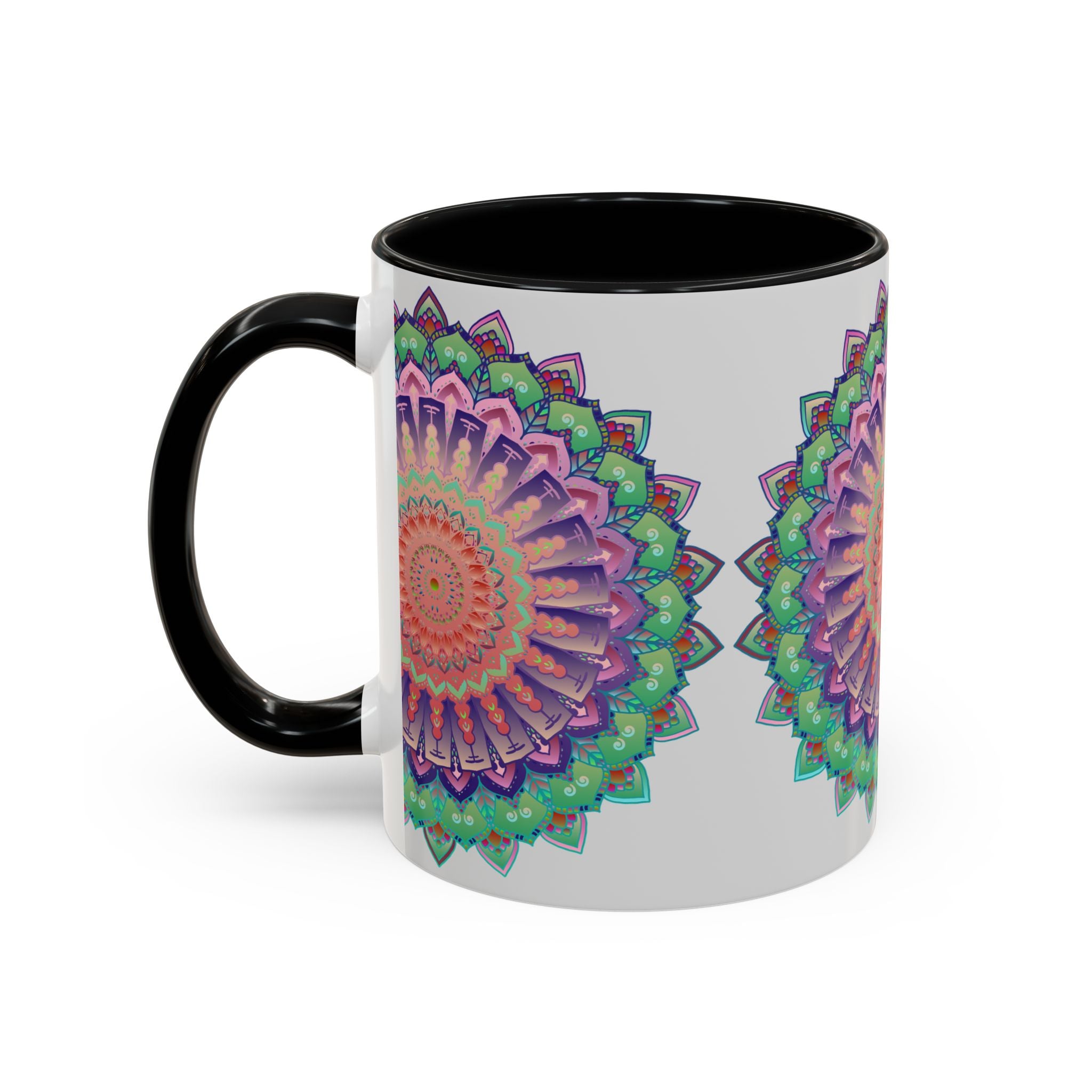 Colorful floral mandala art mug with intricate design and vibrant colors