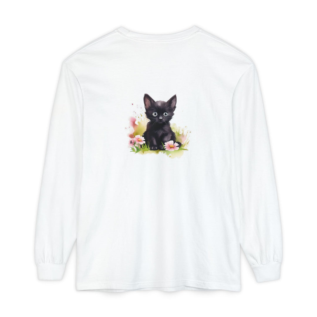 Black Kitten & Pink Flowers Long Sleeve T-Shirt