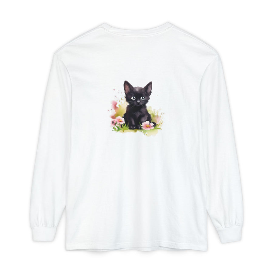 Full Sleeve Tee | Black Kitten & Pink Flowers