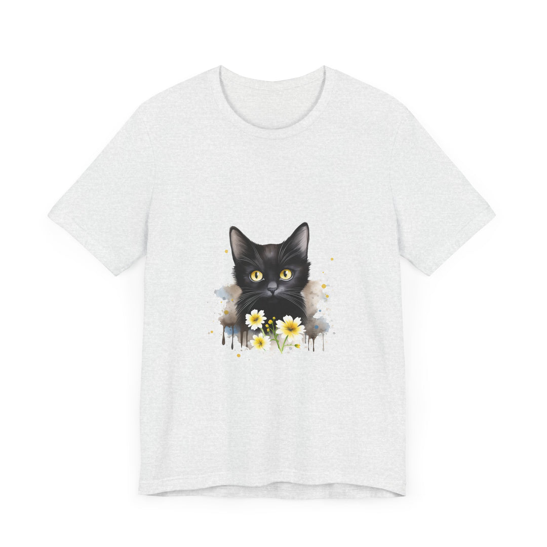 A close-up image of a black cat with piercing yellow eyes printed on a soft and comfortable t-shirt