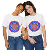 Vibrant and intricate geometric mandala design on a colorful t-shirt