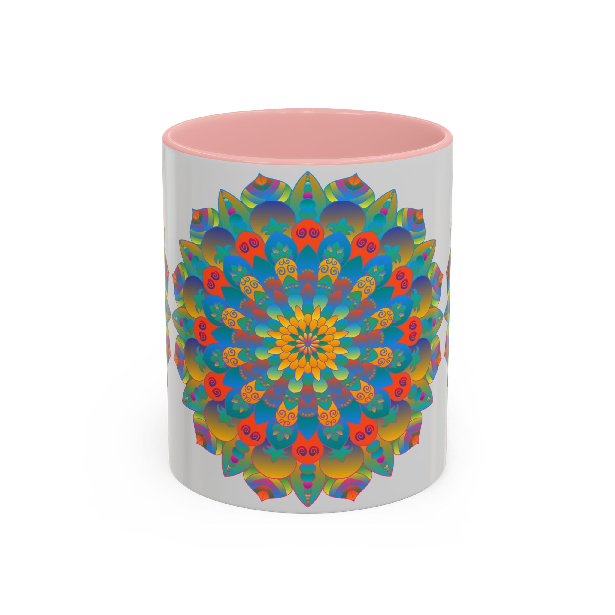 Handcrafted ceramic mug with vibrant mandala art in yellow, orange, and blue