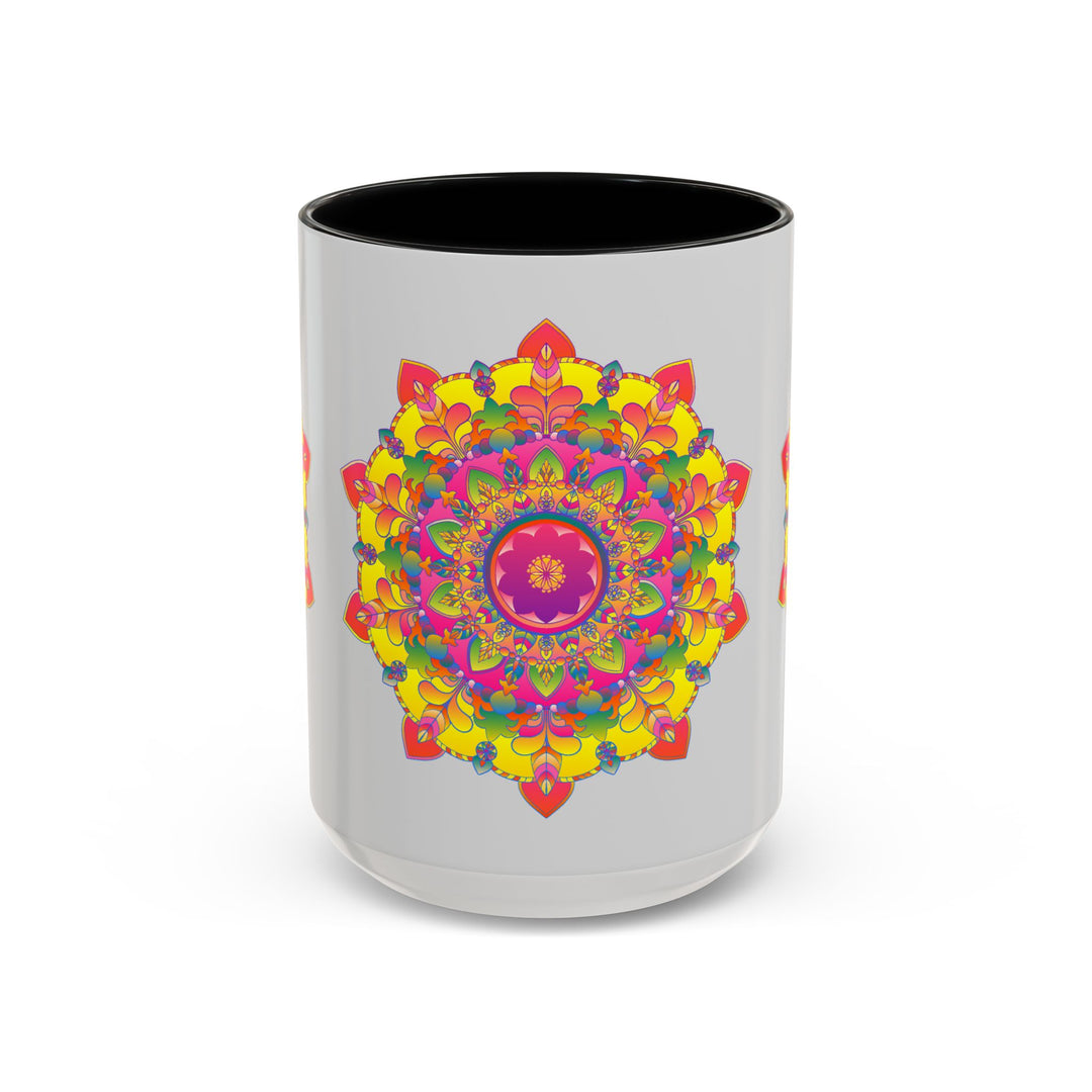 Unique Mandala Mug - Vibrant Art on Grey with a colorful and intricate mandala pattern on a grey background