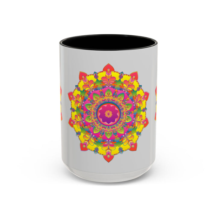 Unique Mandala Mug - Vibrant Art on Grey with a colorful and intricate mandala pattern on a grey background