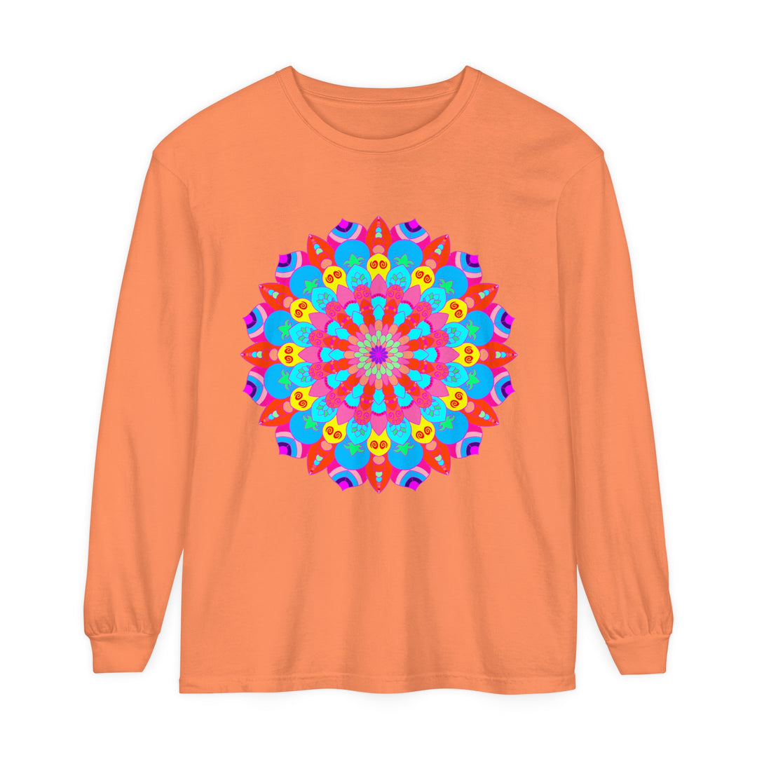 Vibrant and intricately patterned unisex long sleeve t-shirt with colorful mandala design