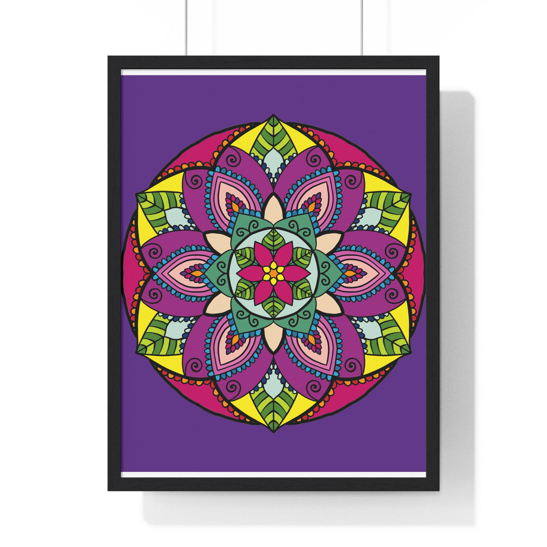 Hand-drawn purple mandala art framed poster for mindfulness and yoga