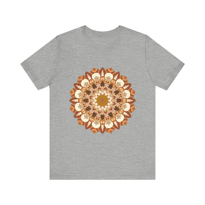 A close-up image of a brown and orange Intricate Mandala Tee, featuring intricate mandala design with vibrant colors and intricate patterns