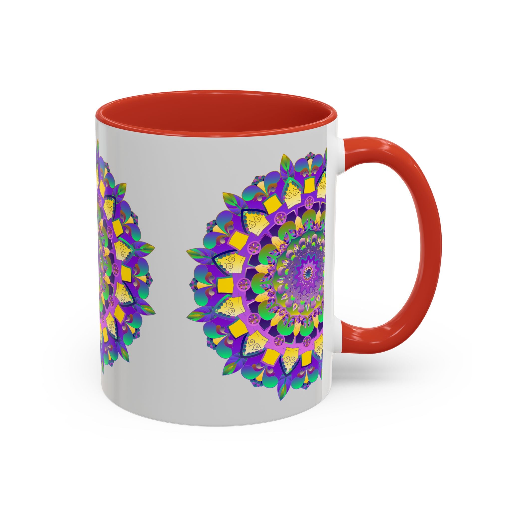 Handcrafted ceramic mug with intricate mandala art in vibrant purple and yellow colors