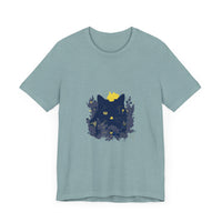 Black Cat Mystery T-Shirt featuring a whimsical flower design on a black background, perfect for cat lovers and fans of unique fashion