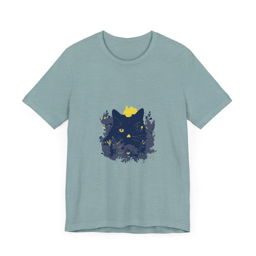 Black Cat Mystery T-Shirt featuring a whimsical flower design on a black background, perfect for cat lovers and fans of unique fashion