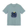 Black Cat Mystery T-Shirt featuring a whimsical flower design on a black background, perfect for cat lovers and fans of unique fashion
