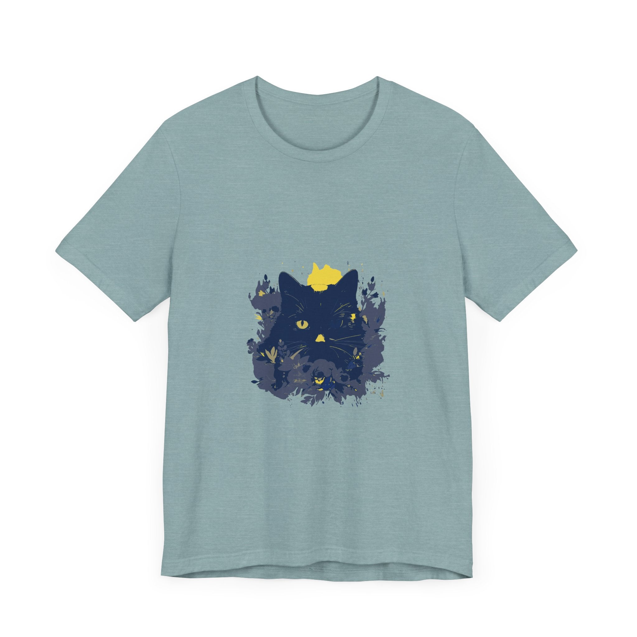 Black Cat Mystery T-Shirt featuring a whimsical flower design on a black background, perfect for cat lovers and fans of unique fashion