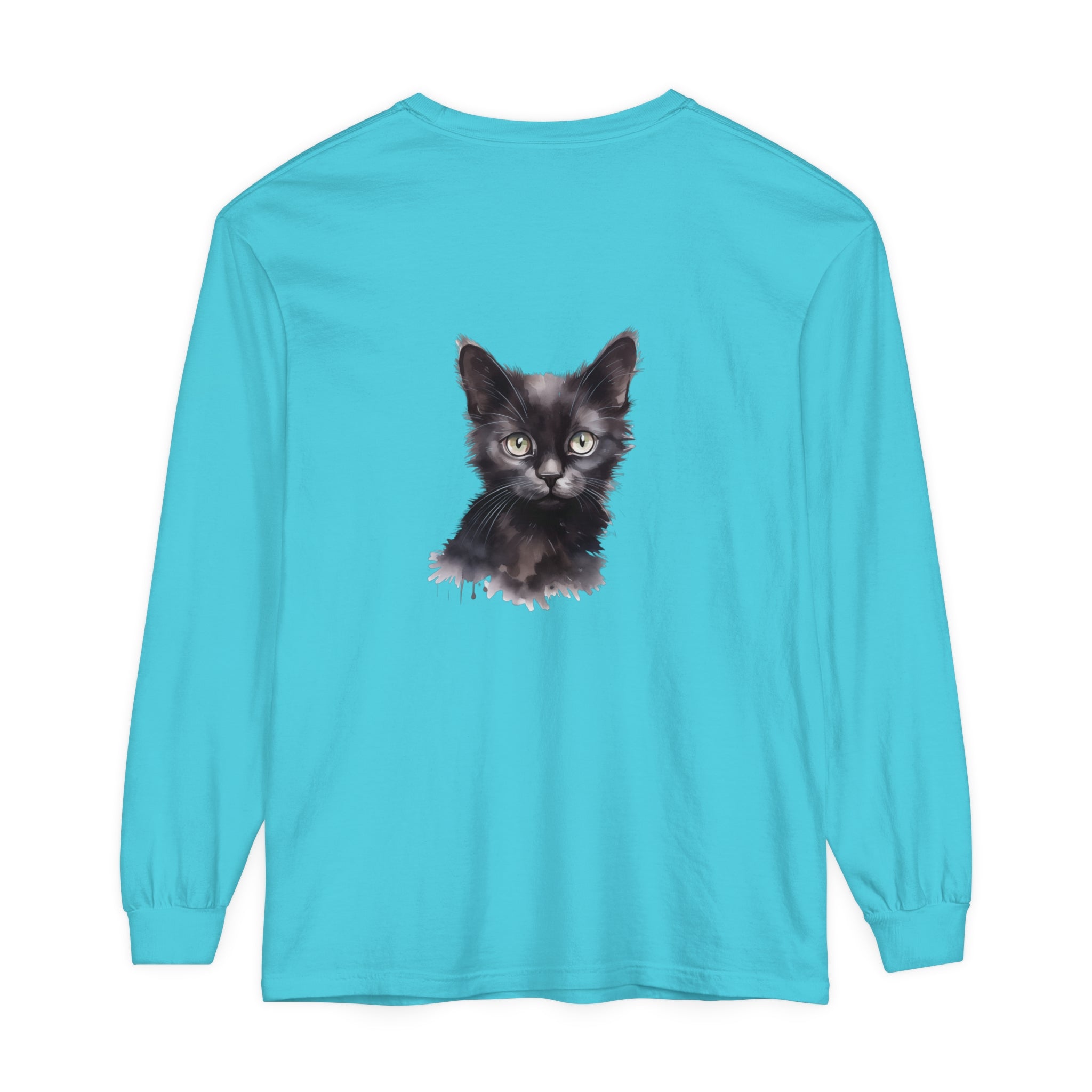 Black Cat Watercolor Long Sleeve T-Shirt with a realistic watercolor cat design