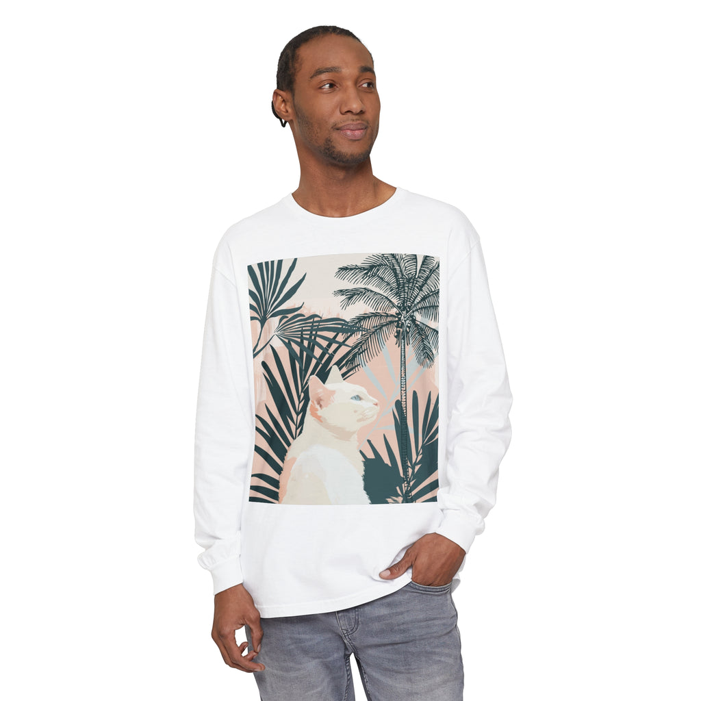 White Cat Tropical Mandala Long Sleeve T-Shirt with vibrant colors and intricate design