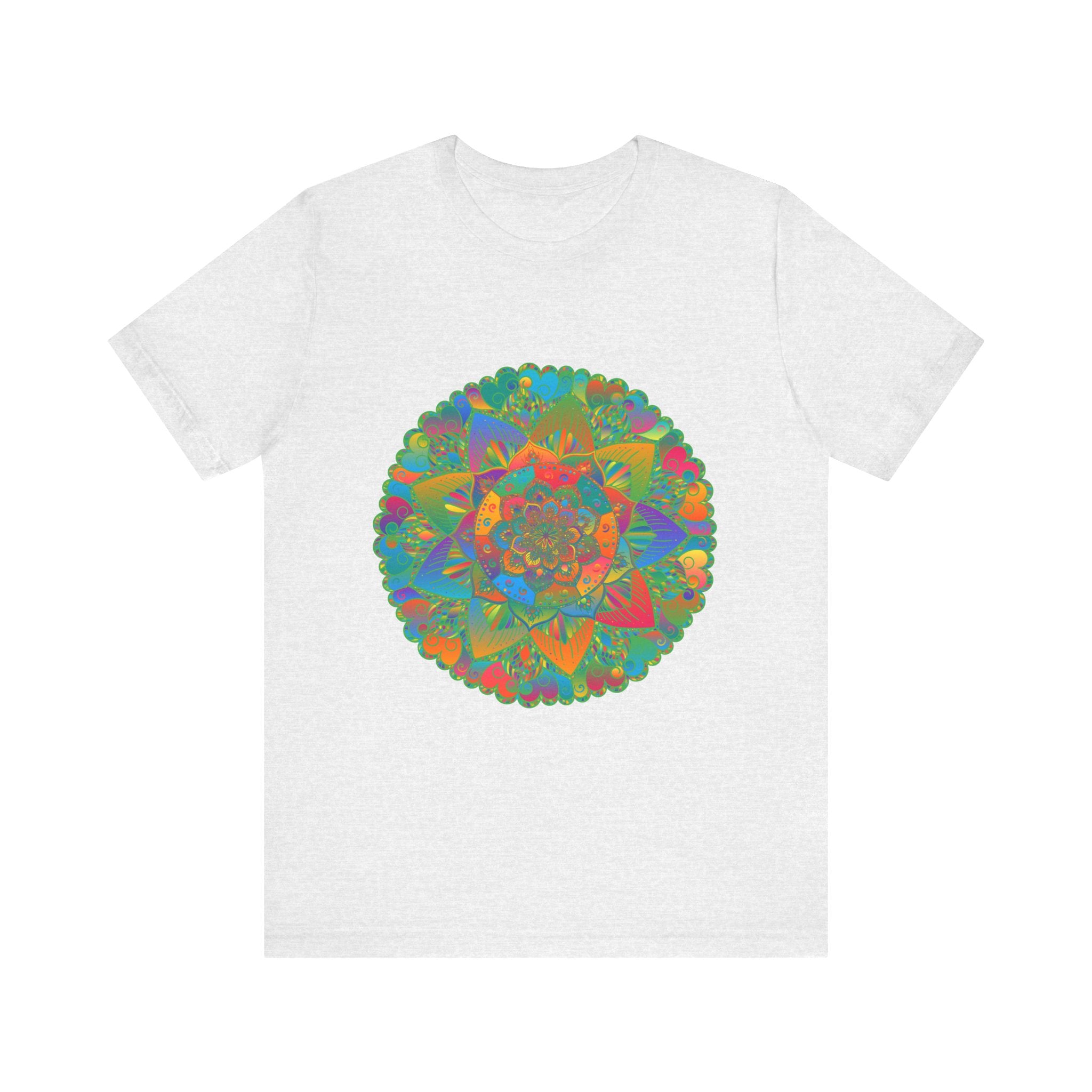 A vibrant mandala tee with intricate patterns, symbolizing peace and tranquility