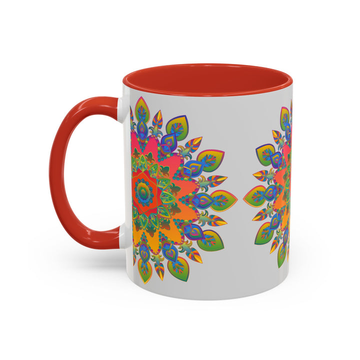 Beautiful mandala art in vibrant colors on a grey ceramic mug