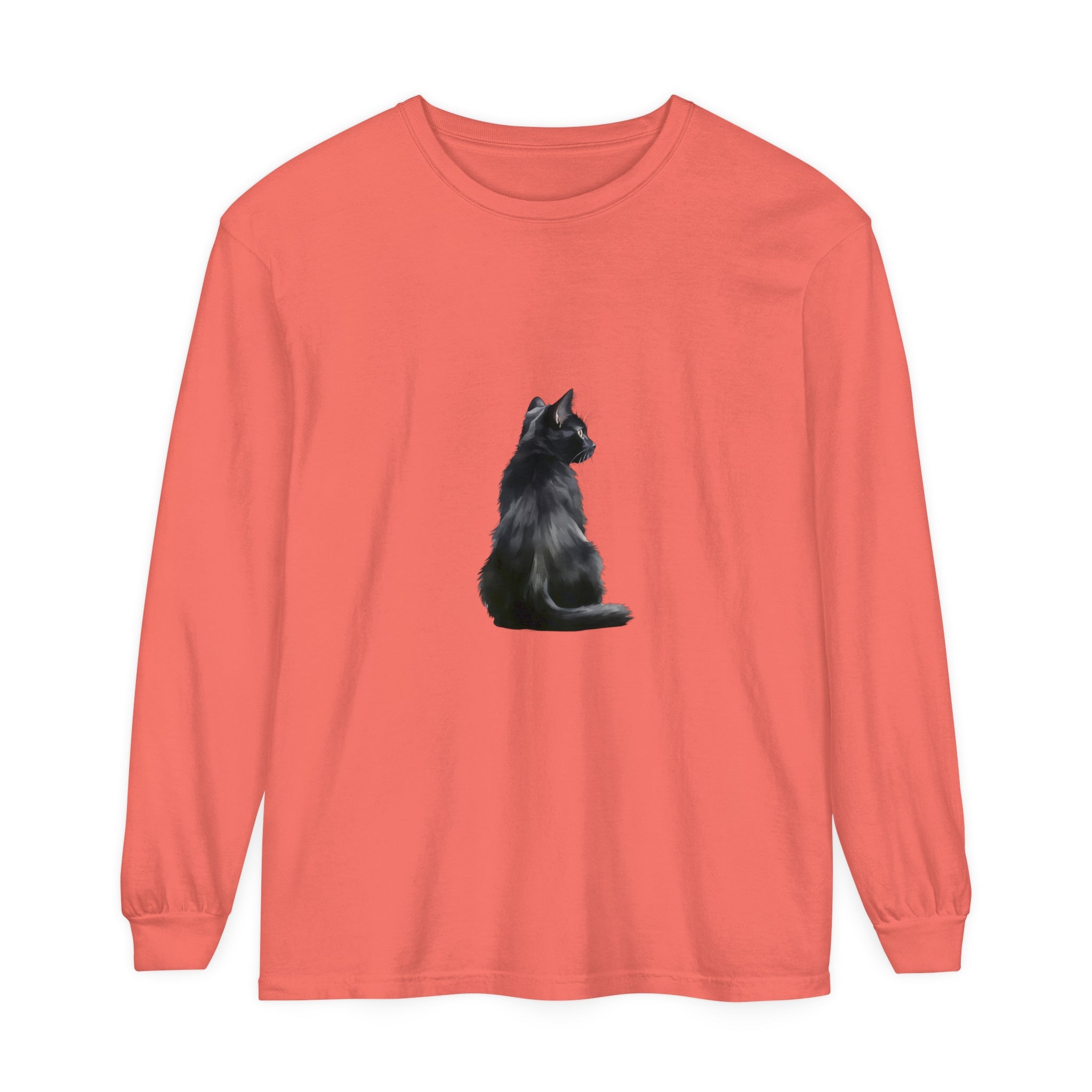 Black Cat Mystique Long Sleeve T-Shirt: A stylish black shirt with a mystical cat design