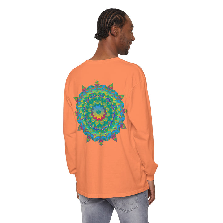 Vibrant and colorful, the Psychedelic Mandala Long Sleeve T-Shirt features a mesmerizing mandala design in shades of blue, purple, and green