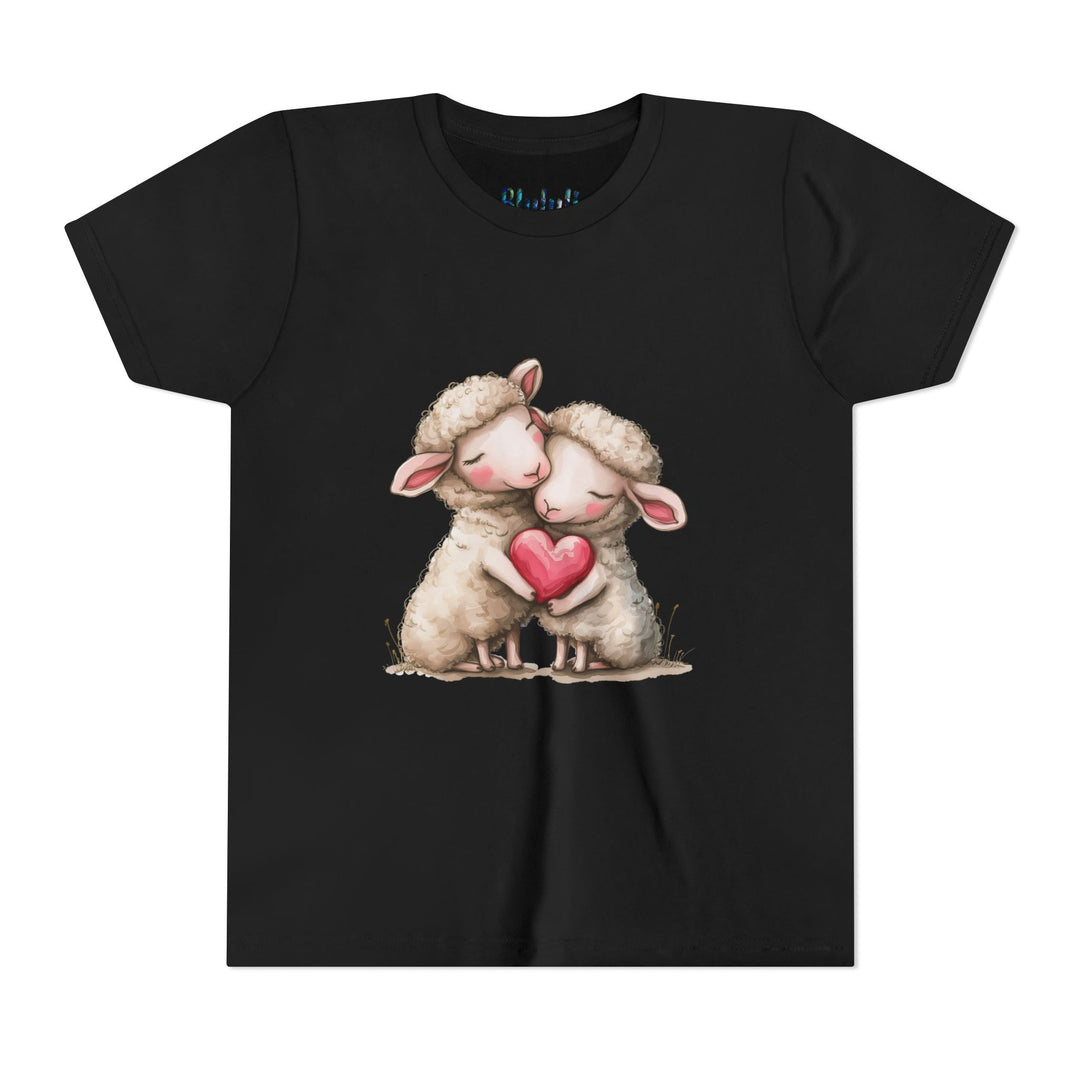Jugend-T-Shirt – Cartoon-Schafe, die ein Herz umarmen, süßes und schönes Design 