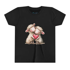 Jugend-T-Shirt – Cartoon-Schafe, die ein Herz umarmen, süßes und schönes Design 