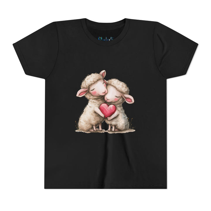 Jugend-T-Shirt – Cartoon-Schafe, die ein Herz umarmen, süßes und schönes Design 