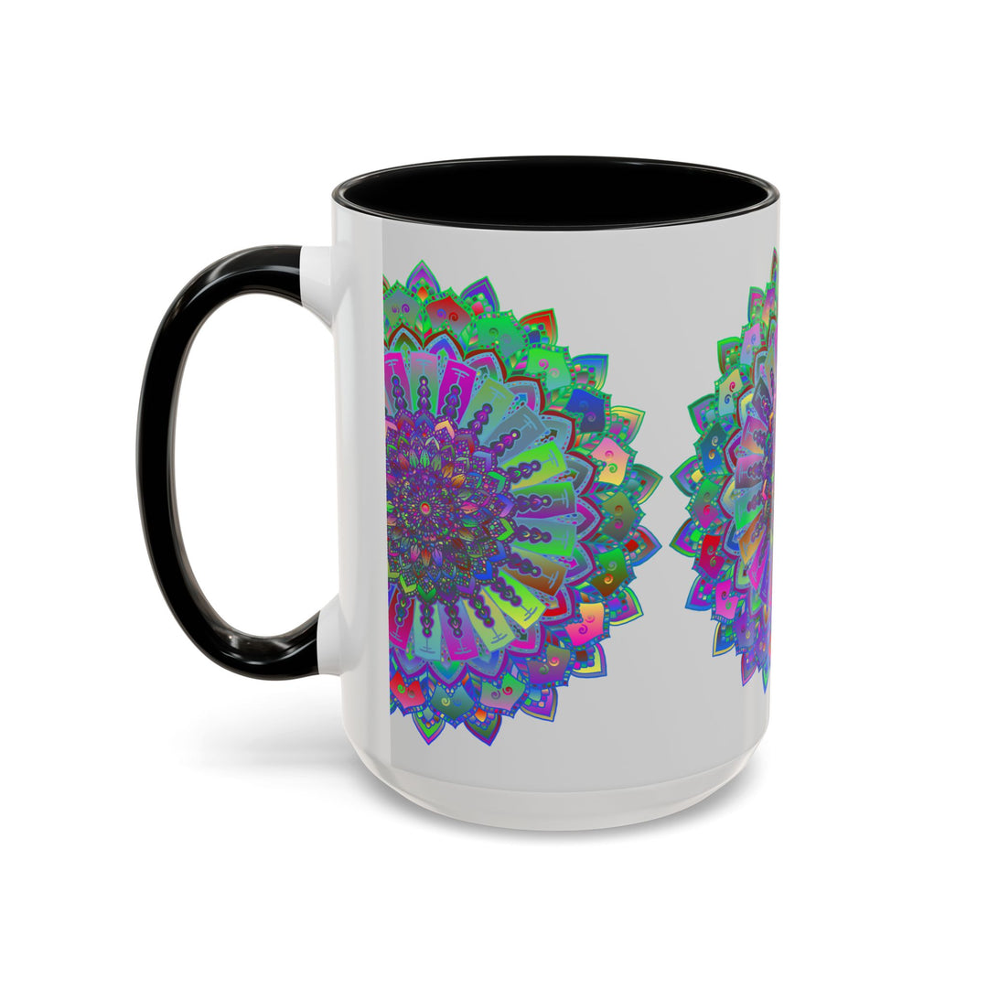 Vibrant and detailed mandala art mug with intricate designs in blues and purples