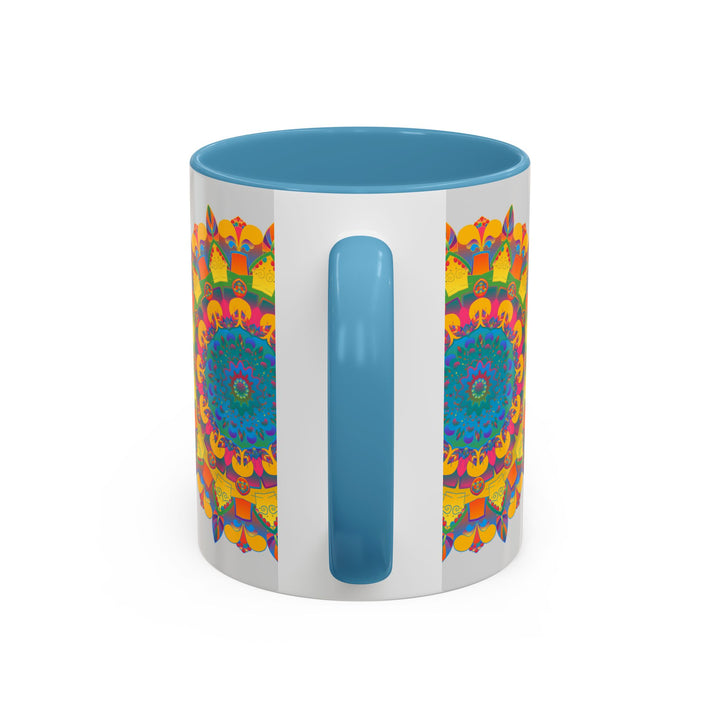 A vibrant and intricately designed mandala art mug featuring colorful floral patterns