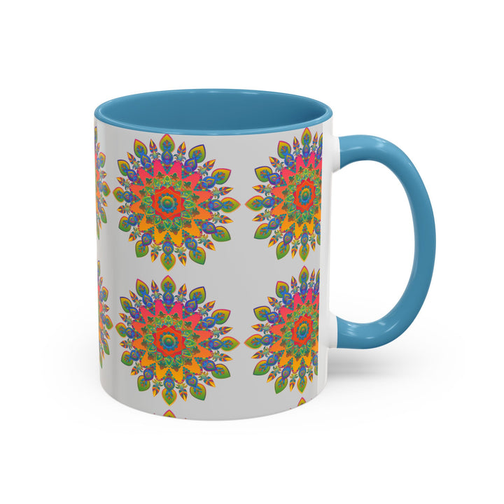 Colorful and eye-catching mandala art featured on a grey ceramic mug