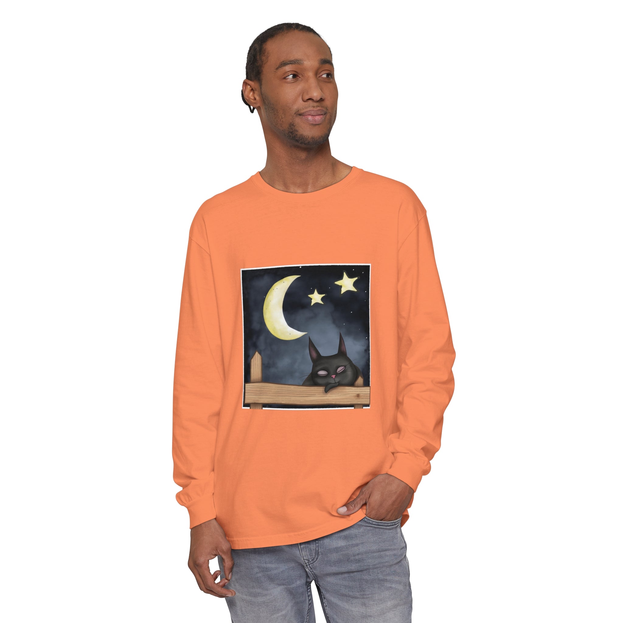 A navy blue t-shirt featuring a cute sleeping cat under the starry night sky