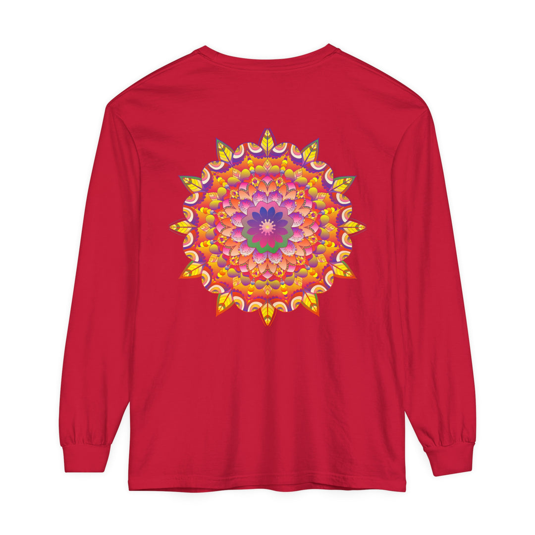 Colorful and detailed mandala design on a unisex long sleeve t-shirt