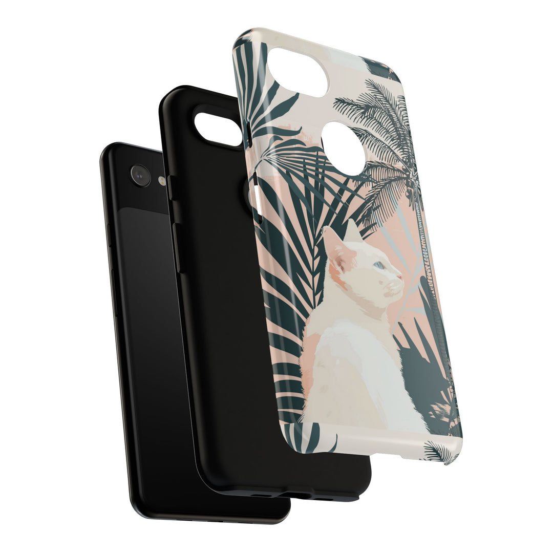 Tropische Katzen-Telefonhülle mit üppigen Palmenmotiven und sanften Pastelltönen