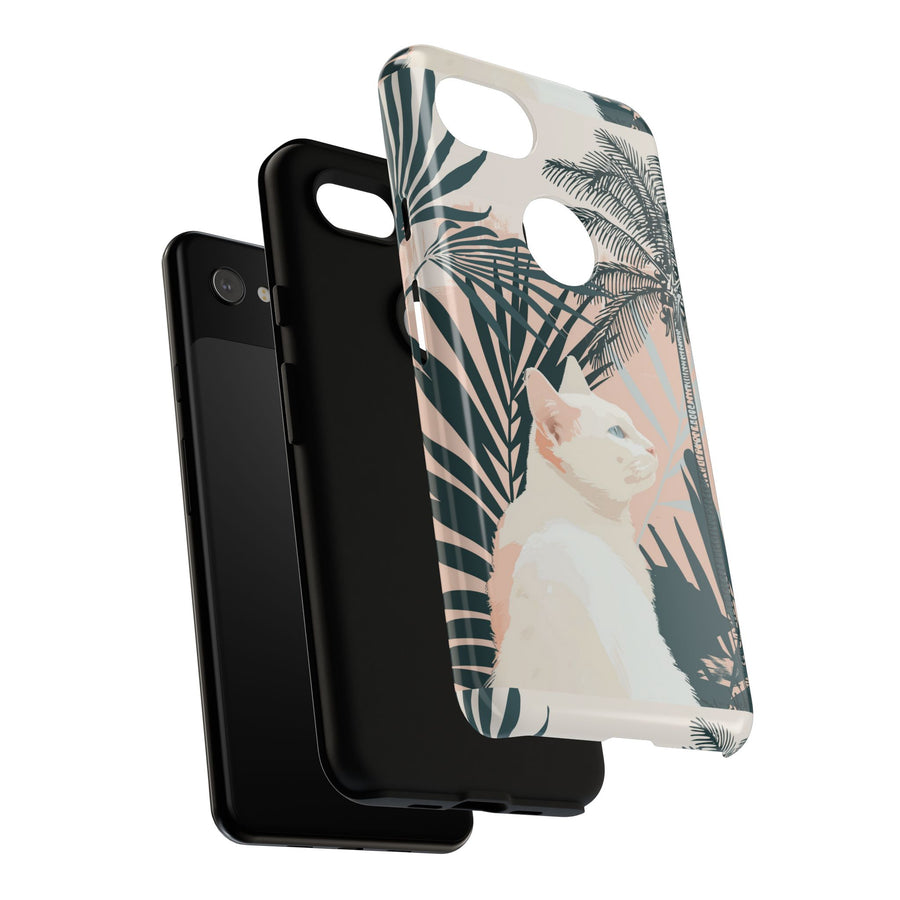 Tropical Cat Phone Case with Lush Palm Motifs and Soft Pastels