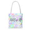 Colorful mandala tote bag with inspiring 'Art for Life' quote