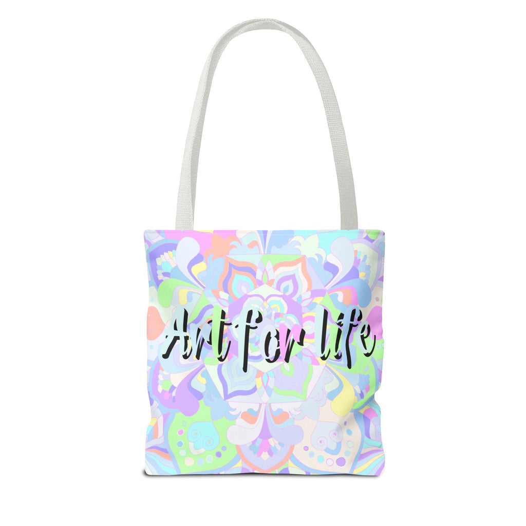 Colorful mandala tote bag with inspiring 'Art for Life' quote