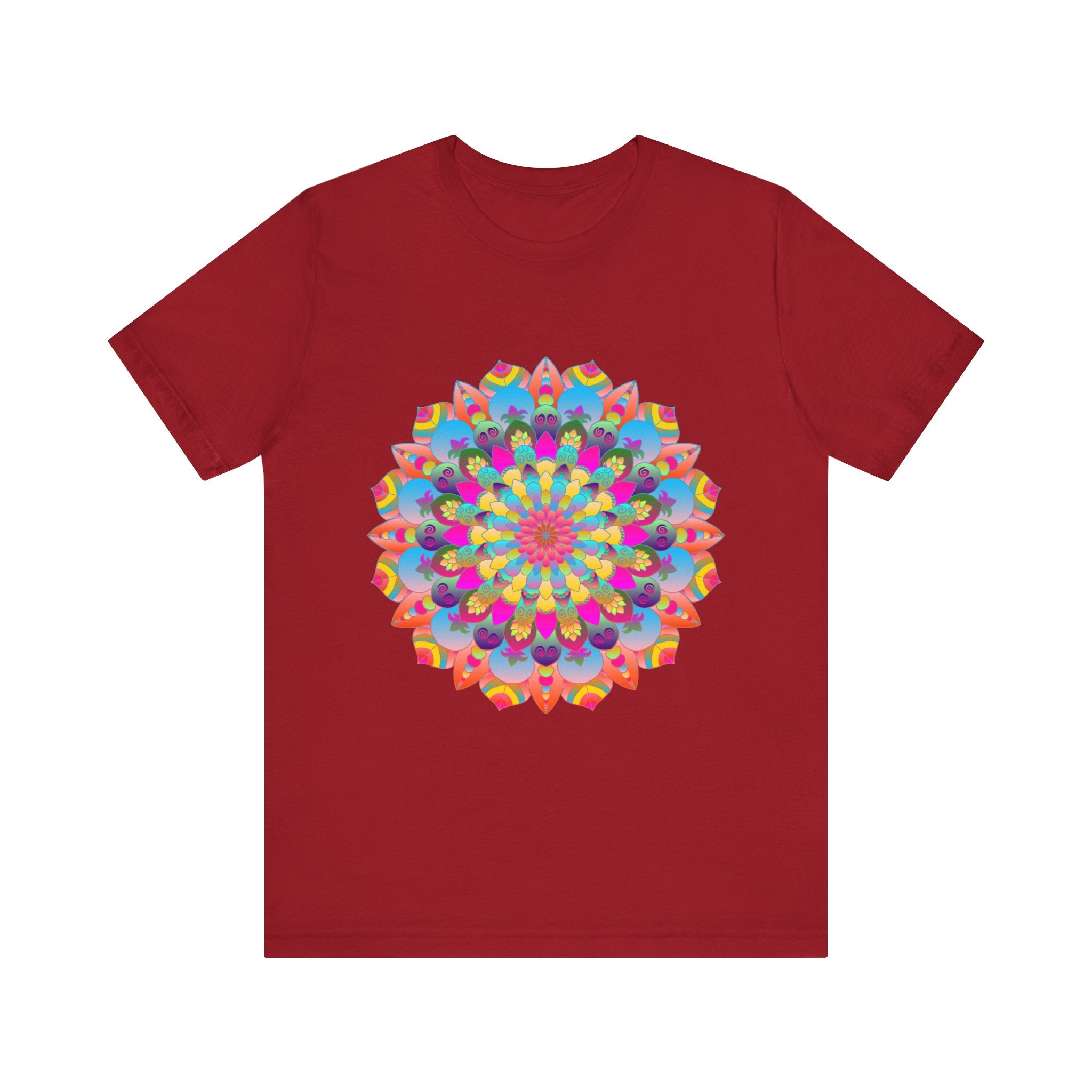 Vibrant and intricate colorful mandala flower design t-shirt - perfect for psychedelic art lovers and festival fashion enthusiasts