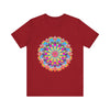 Vibrant and intricate colorful mandala flower design t-shirt - perfect for psychedelic art lovers and festival fashion enthusiasts