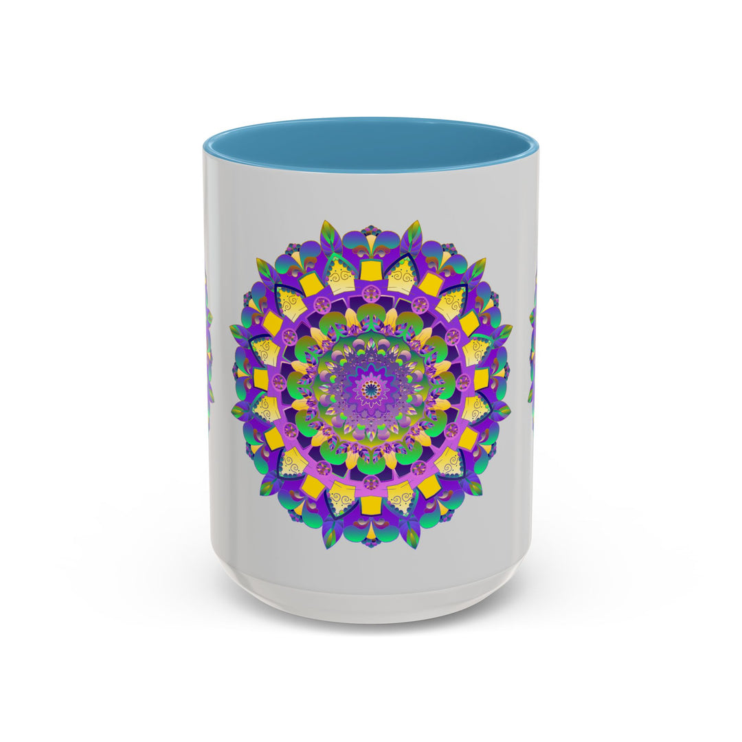 Close-up view of a vibrant purple and yellow mandala art design mug