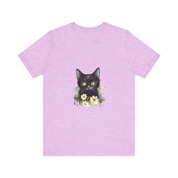 A close-up image of a black cat with piercing yellow eyes on a t-shirt