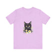 A close-up image of a black cat with piercing yellow eyes on a t-shirt