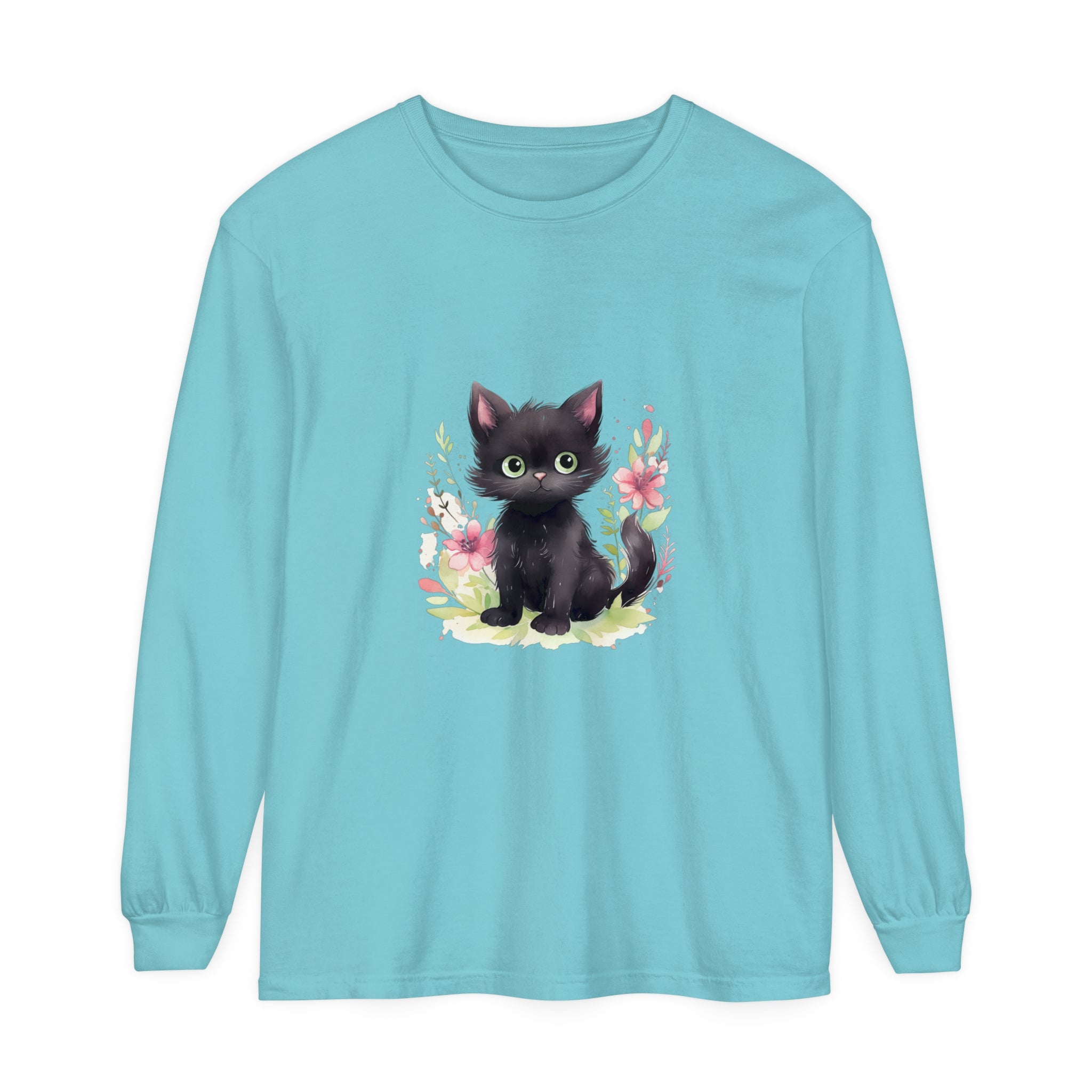 Adorable playful kitten surrounded by vibrant watercolor floral designs on a t-shirt