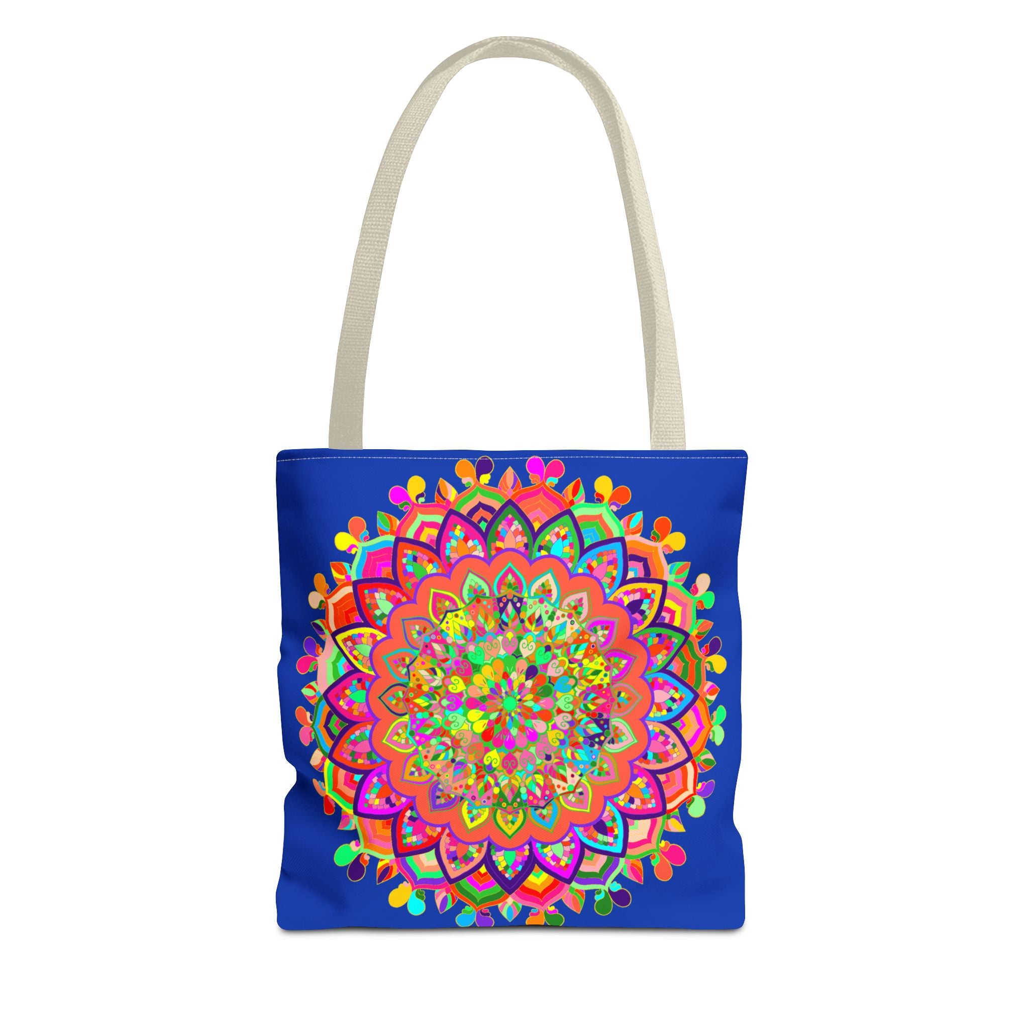 Dark blue tote bag with colorful mandala art design, perfect for carrying essentials in style